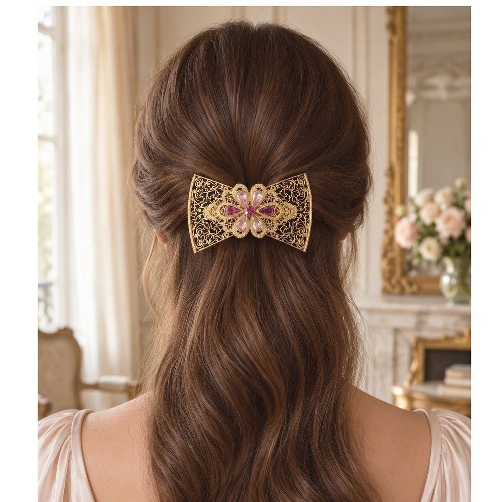 Vintage Made In France Pink Rhinestone Gold Tone Filigree Bow Hair Barrette